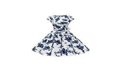 Dressystar DS1956 Robe à 'Audrey Hepburn' Classique Vintage 50's 60's Style à Mancheron Blanc à Fleur Blue S